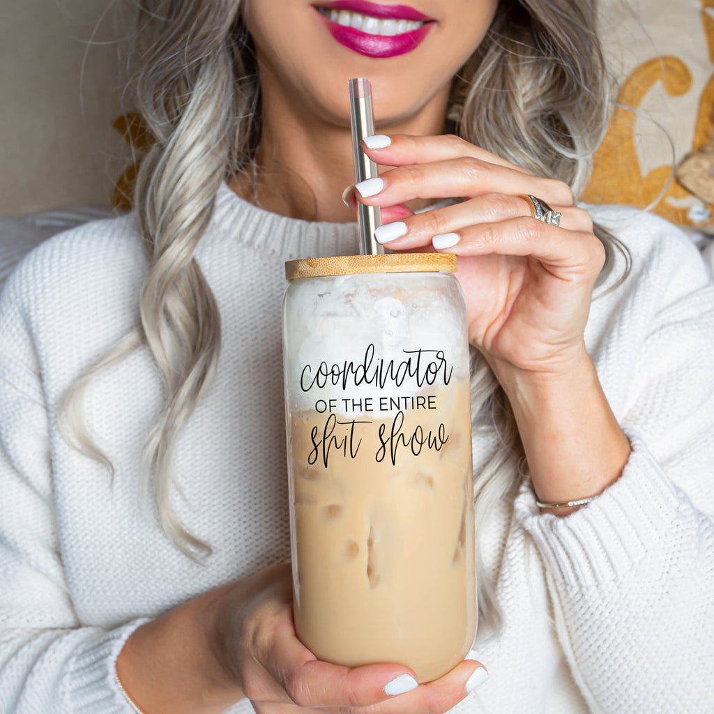 Shit Show Coordinator 17oz Glass Tumbler With Bamboo Lid, 2 Stainless Straws BandsCo Straps