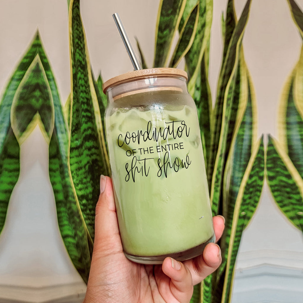 Shit Show Coordinator 17oz Glass Tumbler With Bamboo Lid, 2 Stainless Straws BandsCo Straps