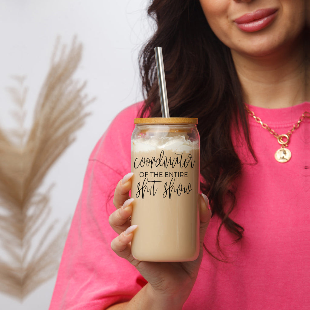 Shit Show Coordinator 17oz Glass Tumbler With Bamboo Lid, 2 Stainless Straws BandsCo Straps
