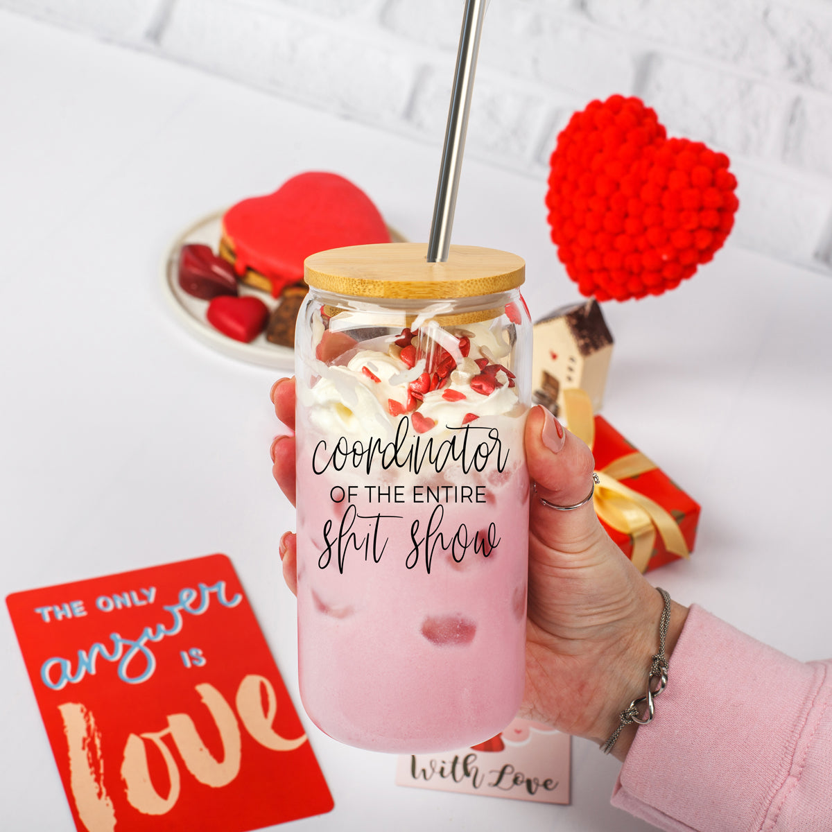 Shit Show Coordinator 17oz Glass Tumbler With Bamboo Lid, 2 Stainless Straws BandsCo Straps
