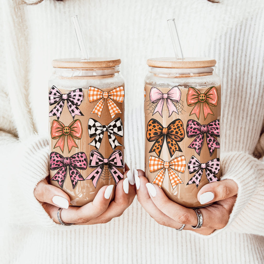 Fall Bows 20oz Glass Tumbler With Bamboo Lid, Straws And Straw Cleaner BandsCo Straps