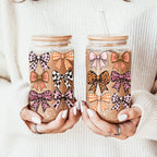 Fall Bows 20oz Glass Tumbler With Bamboo Lid, Straws And Straw Cleaner BandsCo Straps