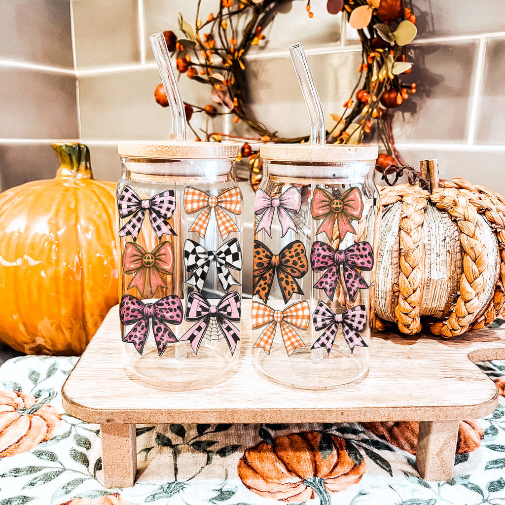 Fall Bows 20oz Glass Tumbler With Bamboo Lid, Straws And Straw Cleaner BandsCo Straps