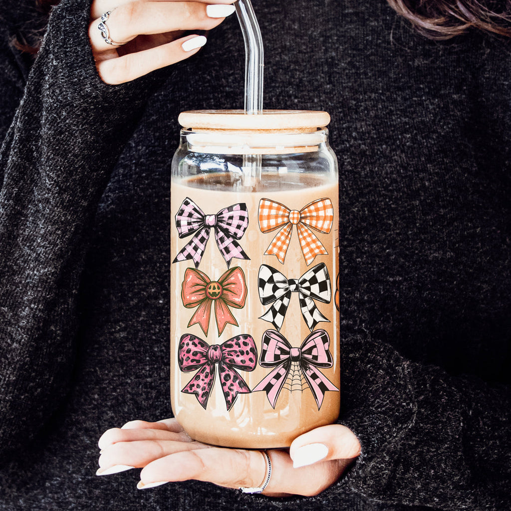Fall Bows 20oz Glass Tumbler With Bamboo Lid, Straws And Straw Cleaner BandsCo Straps