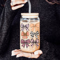 Fall Bows 20oz Glass Tumbler With Bamboo Lid, Straws And Straw Cleaner BandsCo Straps