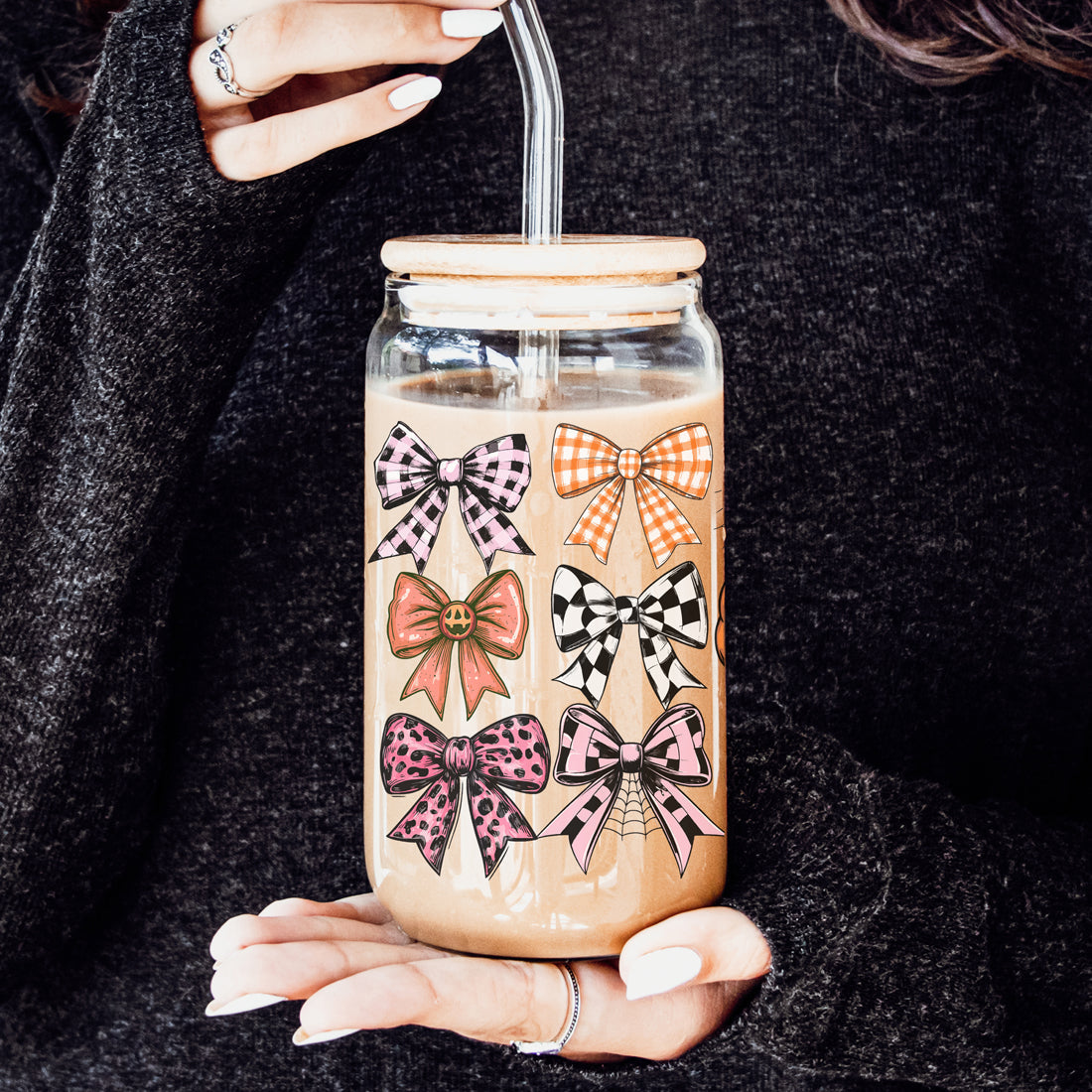 Fall Bows 20oz Glass Tumbler With Bamboo Lid, Straws And Straw Cleaner BandsCo Straps