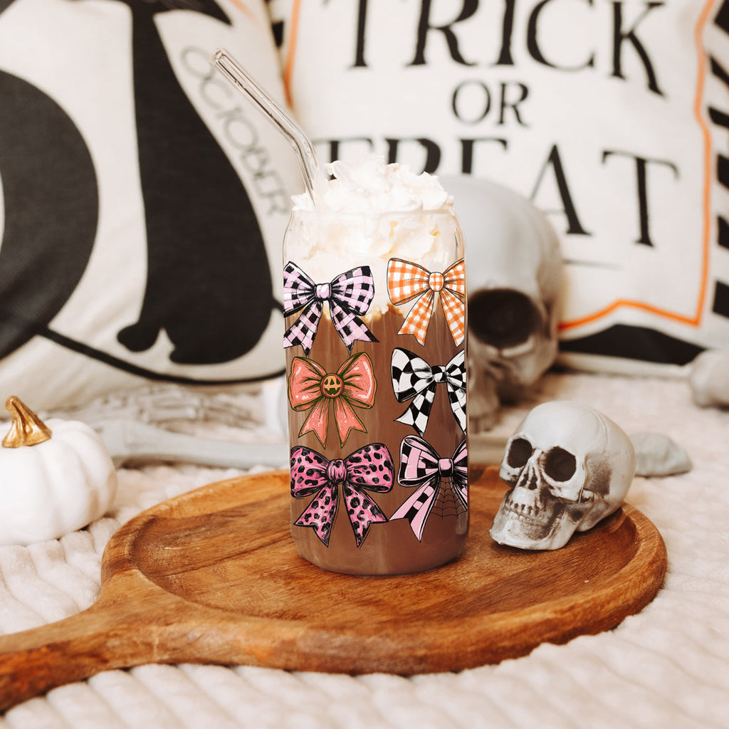 Fall Bows 20oz Glass Tumbler With Bamboo Lid, Straws And Straw Cleaner BandsCo Straps