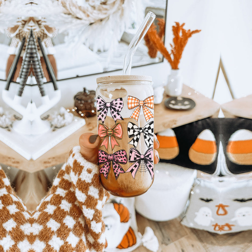 Fall Bows 20oz Glass Tumbler With Bamboo Lid, Straws And Straw Cleaner BandsCo Straps