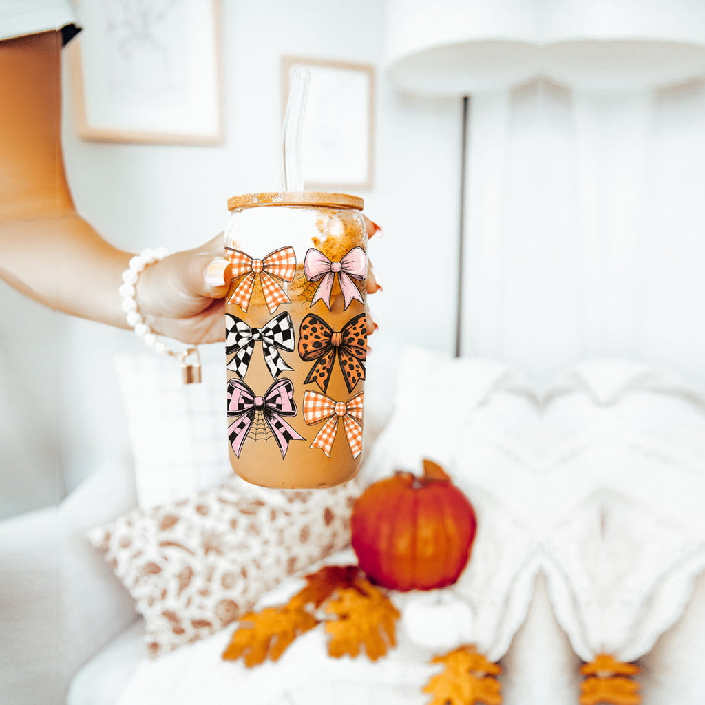 Fall Bows 20oz Glass Tumbler With Bamboo Lid, Straws And Straw Cleaner BandsCo Straps