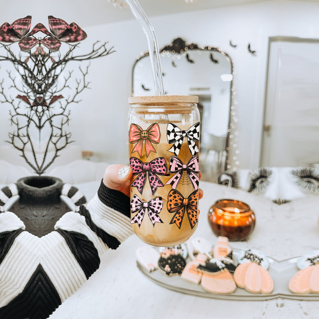 Fall Bows 20oz Glass Tumbler With Bamboo Lid, Straws And Straw Cleaner BandsCo Straps