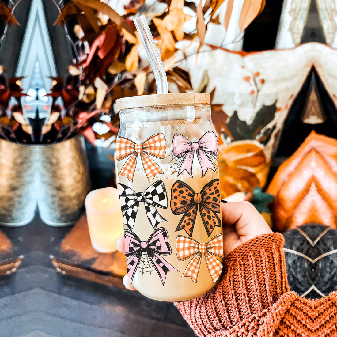 Fall Bows 20oz Glass Tumbler With Bamboo Lid, Straws And Straw Cleaner BandsCo Straps