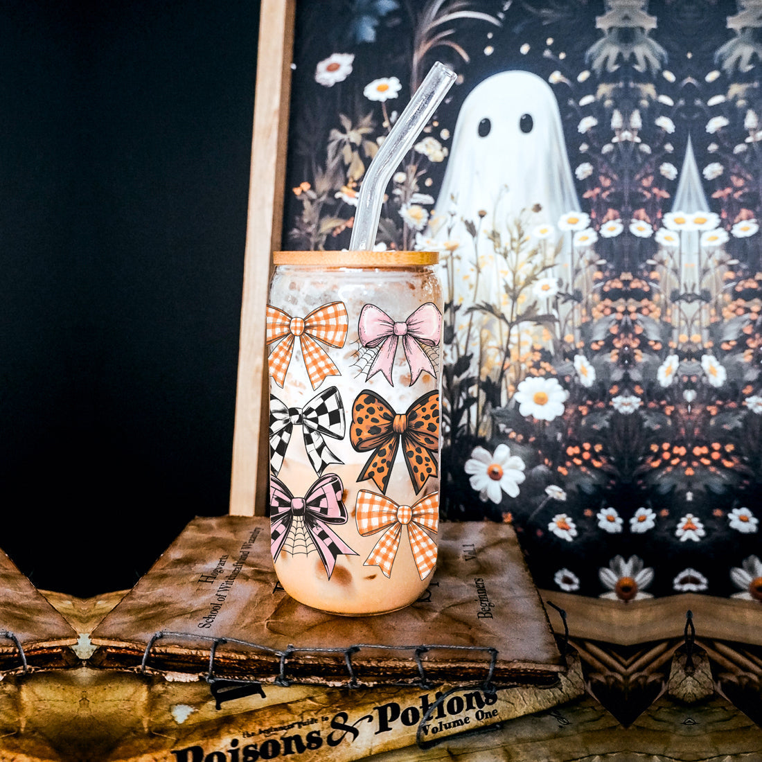 Fall Bows 20oz Glass Tumbler With Bamboo Lid, Straws And Straw Cleaner BandsCo Straps