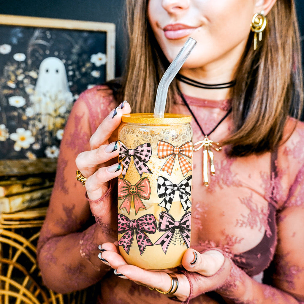 Fall Bows 20oz Glass Tumbler With Bamboo Lid, Straws And Straw Cleaner BandsCo Straps