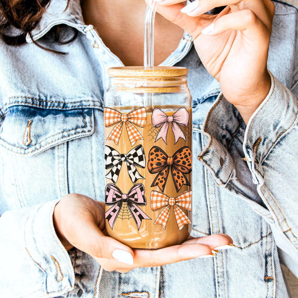 Fall Bows 20oz Glass Tumbler With Bamboo Lid, Straws And Straw Cleaner BandsCo Straps