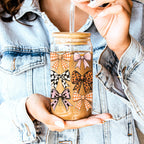 Fall Bows 20oz Glass Tumbler With Bamboo Lid, Straws And Straw Cleaner BandsCo Straps