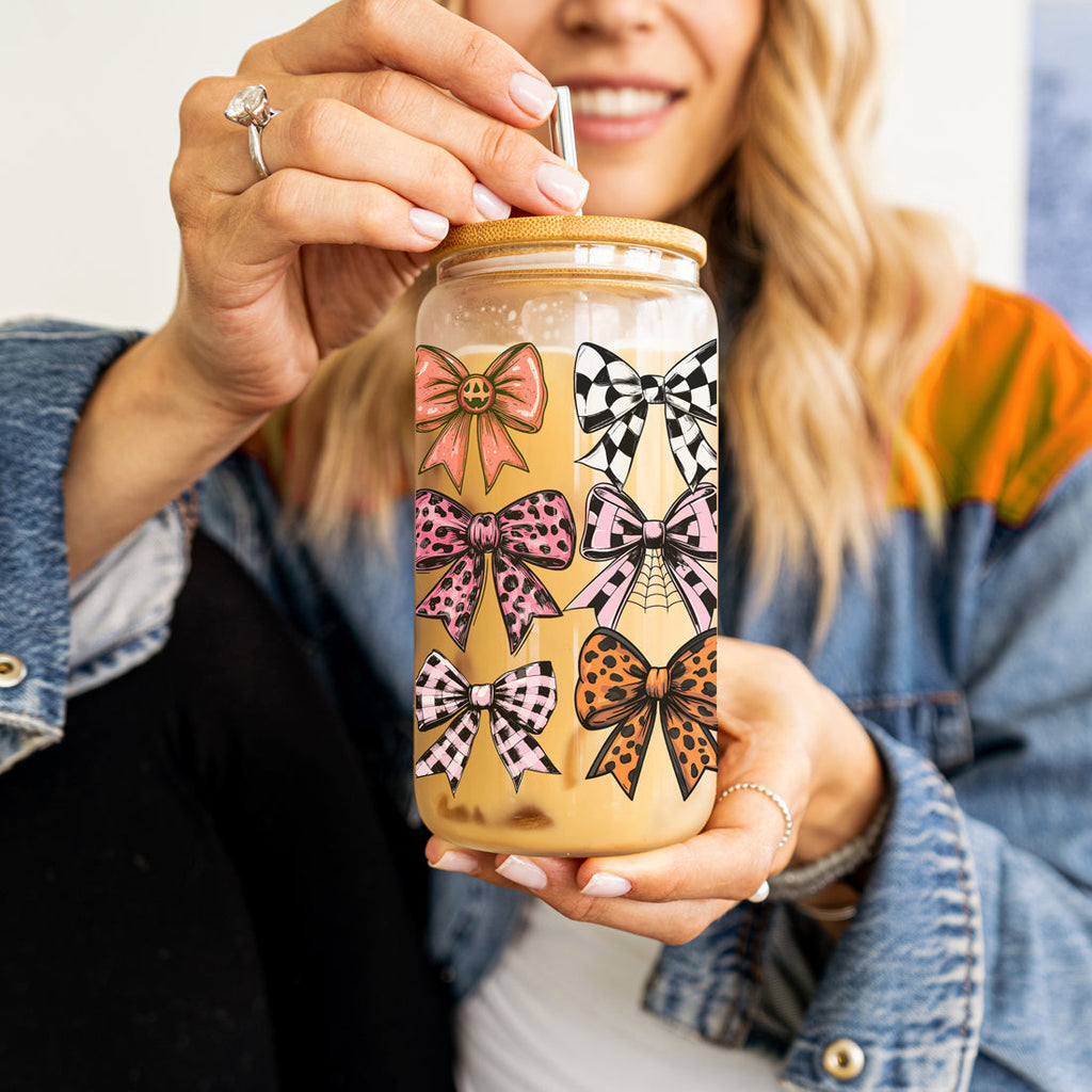 Fall Bows 20oz Glass Tumbler With Bamboo Lid, Straws And Straw Cleaner BandsCo Straps