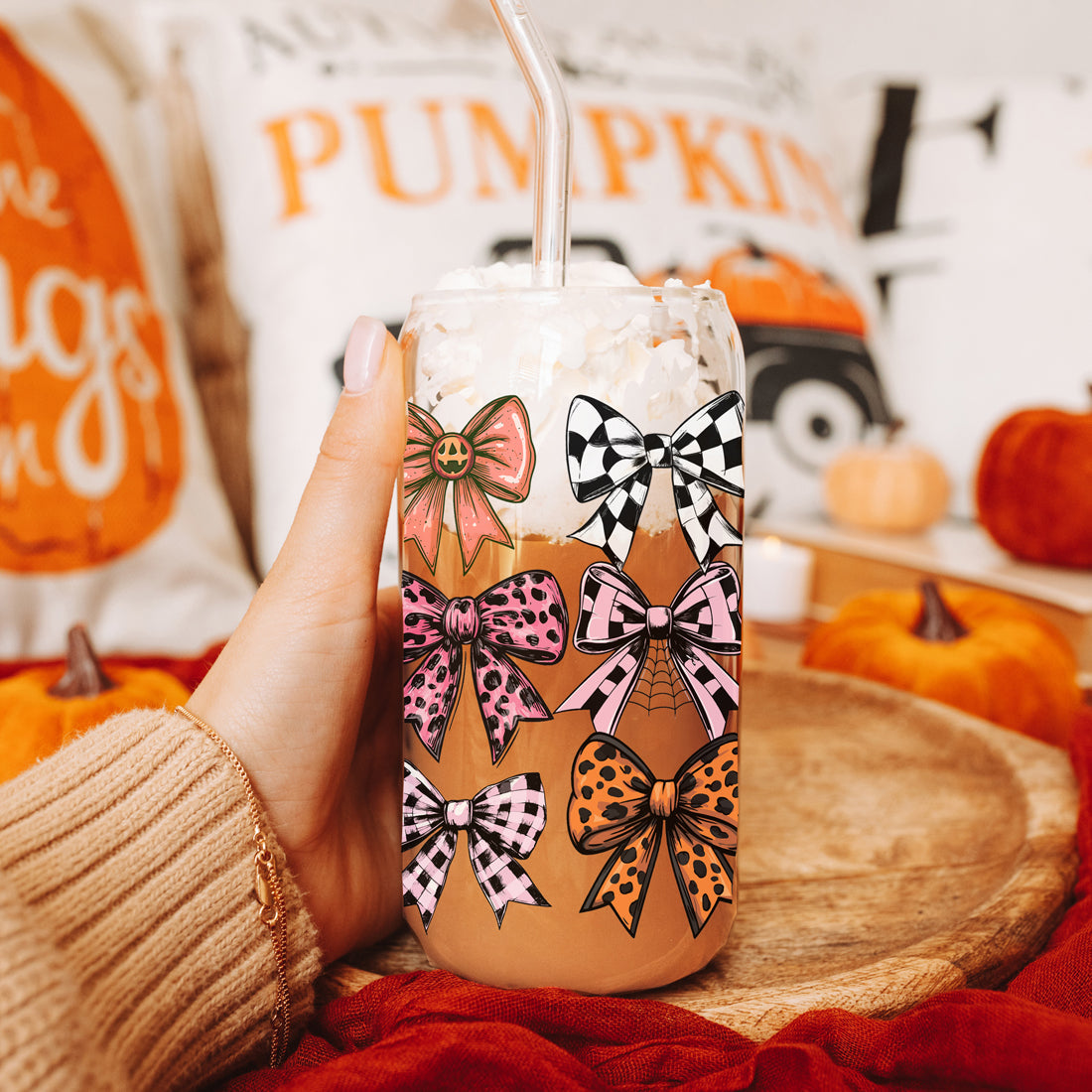 Fall Bows 20oz Glass Tumbler With Bamboo Lid, Straws And Straw Cleaner BandsCo Straps