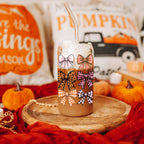 Fall Bows 20oz Glass Tumbler With Bamboo Lid, Straws And Straw Cleaner BandsCo Straps