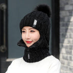 Coral Fleece Winter Women Knitted Hats Add Fur Warm Winter Hats For Women With Zipper Keep Face Warmer Balaclava Pompoms Cap Balaclava Gorgas Bonnet Knitted Hat Windproof Ski Mask Cold Weather Face Mask Motorcycle Balaclava Hood Warmer Winter Sports Cap Stevvex
