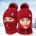 Coral Fleece Winter Women Knitted Hats Add Fur Warm Winter Hats For Women With Zipper Keep Face Warmer Balaclava Pompoms Cap Balaclava Gorgas Bonnet Knitted Hat Windproof Ski Mask Cold Weather Face Mask Motorcycle Balaclava Hood Warmer Winter Sports Cap Stevvex