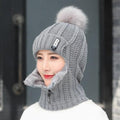 Coral Fleece Winter Women Knitted Hats Add Fur Warm Winter Hats For Women With Zipper Keep Face Warmer Balaclava Pompoms Cap Balaclava Gorgas Bonnet Knitted Hat Windproof Ski Mask Cold Weather Face Mask Motorcycle Balaclava Hood Warmer Winter Sports Cap Stevvex