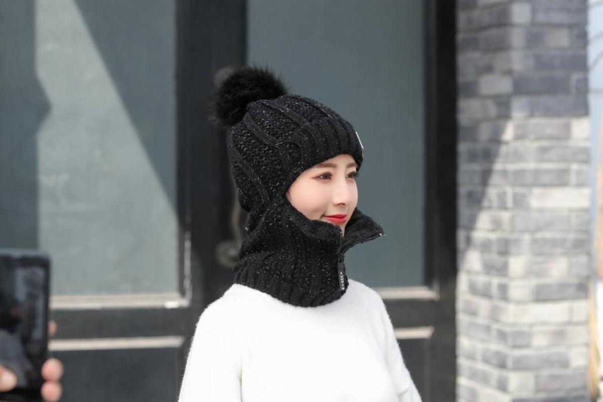 Coral Fleece Winter Women Knitted Hats Add Fur Warm Winter Hats For Women With Zipper Keep Face Warmer Balaclava Pompoms Cap Balaclava Gorgas Bonnet Knitted Hat Windproof Ski Mask Cold Weather Face Mask Motorcycle Balaclava Hood Warmer Winter Sports Cap Stevvex