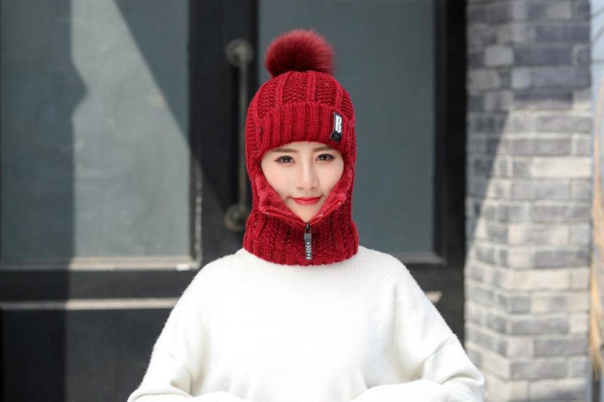 Coral Fleece Winter Women Knitted Hats Add Fur Warm Winter Hats For Women With Zipper Keep Face Warmer Balaclava Pompoms Cap Balaclava Gorgas Bonnet Knitted Hat Windproof Ski Mask Cold Weather Face Mask Motorcycle Balaclava Hood Warmer Winter Sports Cap Stevvex