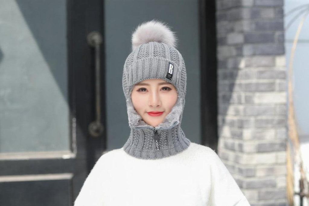 Coral Fleece Winter Women Knitted Hats Add Fur Warm Winter Hats For Women With Zipper Keep Face Warmer Balaclava Pompoms Cap Balaclava Gorgas Bonnet Knitted Hat Windproof Ski Mask Cold Weather Face Mask Motorcycle Balaclava Hood Warmer Winter Sports Cap Stevvex