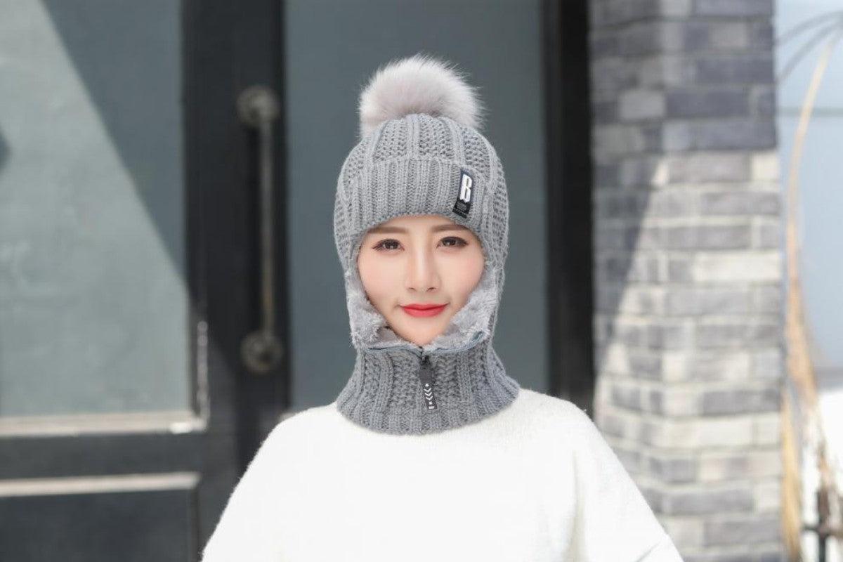 Coral Fleece Winter Women Knitted Hats Add Fur Warm Winter Hats For Women With Zipper Keep Face Warmer Balaclava Pompoms Cap Balaclava Gorgas Bonnet Knitted Hat Windproof Ski Mask Cold Weather Face Mask Motorcycle Balaclava Hood Warmer Winter Sports Cap Stevvex