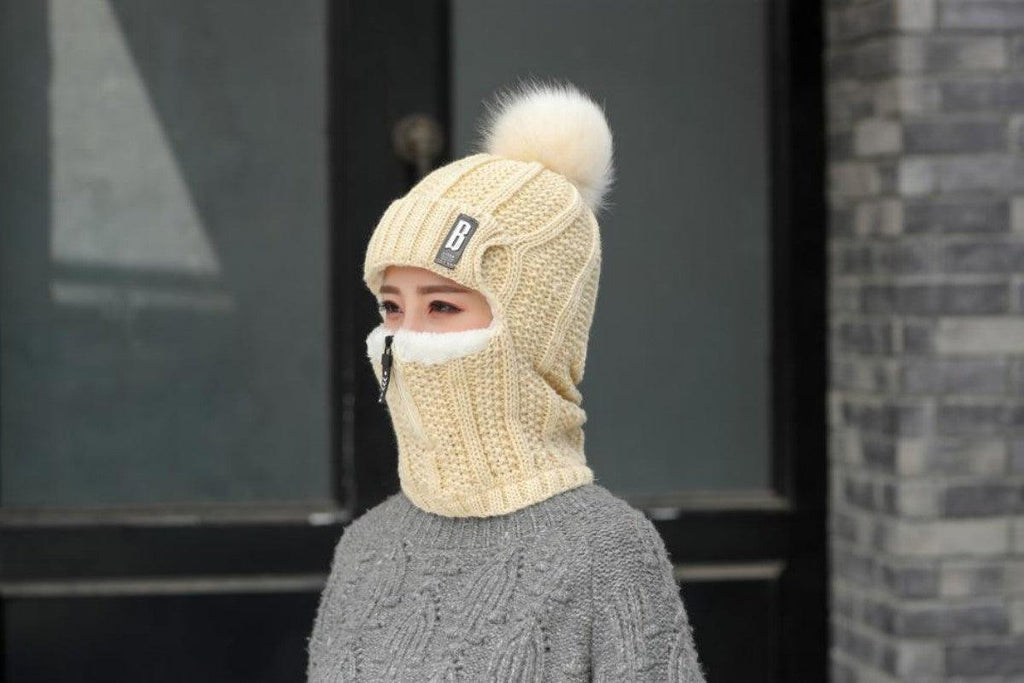 Coral Fleece Winter Women Knitted Hats Add Fur Warm Winter Hats For Women With Zipper Keep Face Warmer Balaclava Pompoms Cap Balaclava Gorgas Bonnet Knitted Hat Windproof Ski Mask Cold Weather Face Mask Motorcycle Balaclava Hood Warmer Winter Sports Cap Stevvex