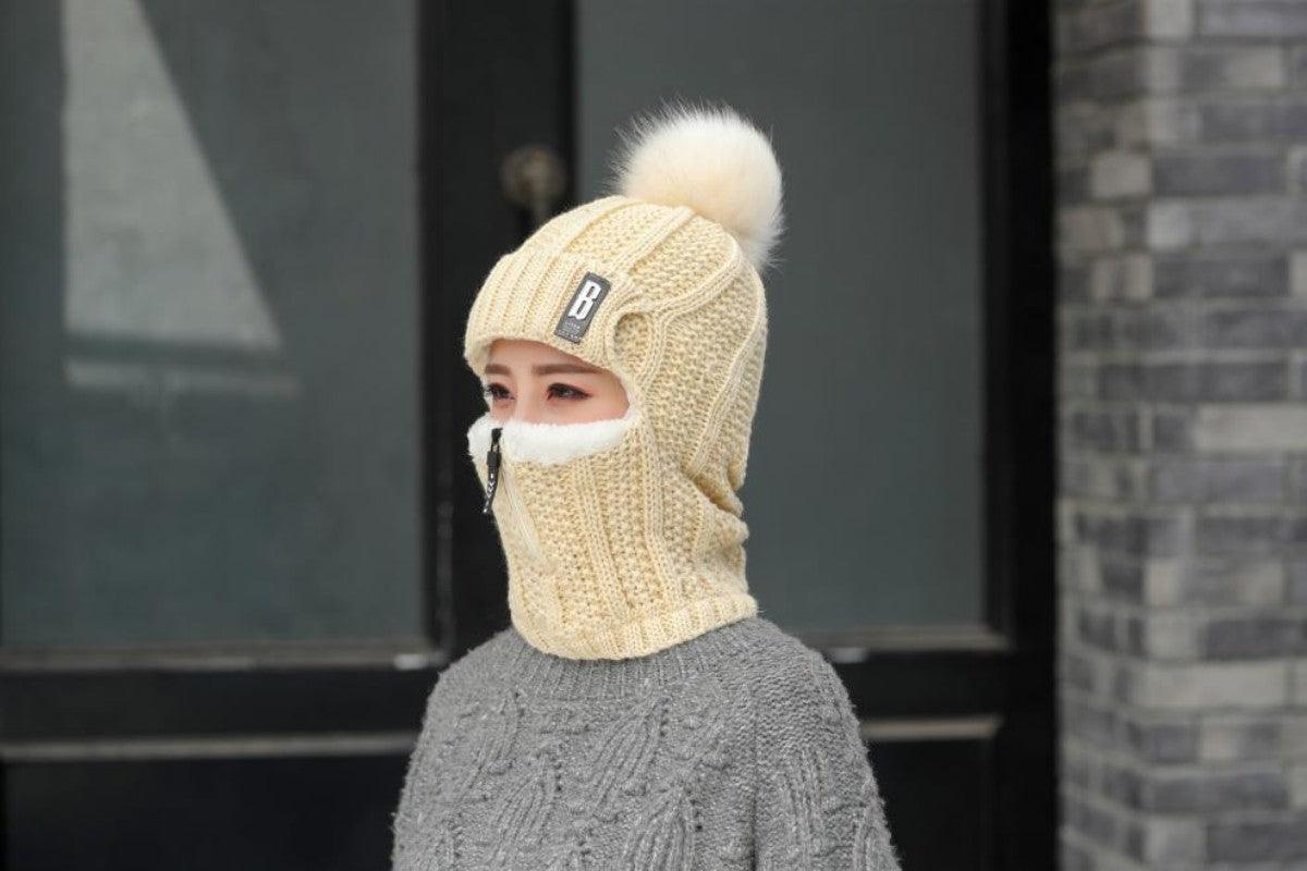 Coral Fleece Winter Women Knitted Hats Add Fur Warm Winter Hats For Women With Zipper Keep Face Warmer Balaclava Pompoms Cap Balaclava Gorgas Bonnet Knitted Hat Windproof Ski Mask Cold Weather Face Mask Motorcycle Balaclava Hood Warmer Winter Sports Cap Stevvex