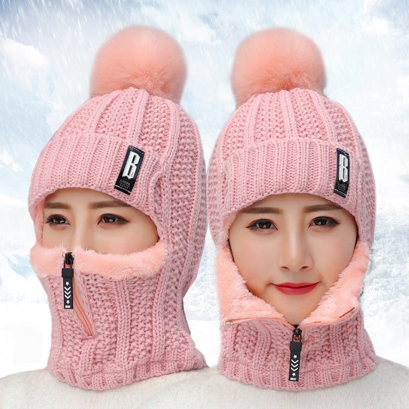 Coral Fleece Winter Women Knitted Hats Add Fur Warm Winter Hats For Women With Zipper Keep Face Warmer Balaclava Pompoms Cap Balaclava Gorgas Bonnet Knitted Hat Windproof Ski Mask Cold Weather Face Mask Motorcycle Balaclava Hood Warmer Winter Sports Cap Stevvex