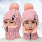 Coral Fleece Winter Women Knitted Hats Add Fur Warm Winter Hats For Women With Zipper Keep Face Warmer Balaclava Pompoms Cap Balaclava Gorgas Bonnet Knitted Hat Windproof Ski Mask Cold Weather Face Mask Motorcycle Balaclava Hood Warmer Winter Sports Cap Stevvex