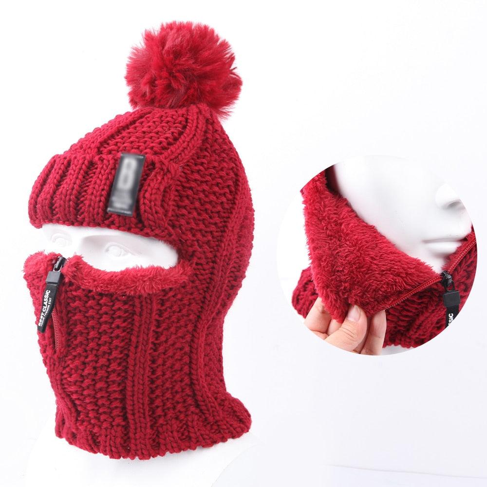 Coral Fleece Winter Women Knitted Hats Add Fur Warm Winter Hats For Women With Zipper Keep Face Warmer Balaclava Pompoms Cap Balaclava Gorgas Bonnet Knitted Hat Windproof Ski Mask Cold Weather Face Mask Motorcycle Balaclava Hood Warmer Winter Sports Cap Stevvex
