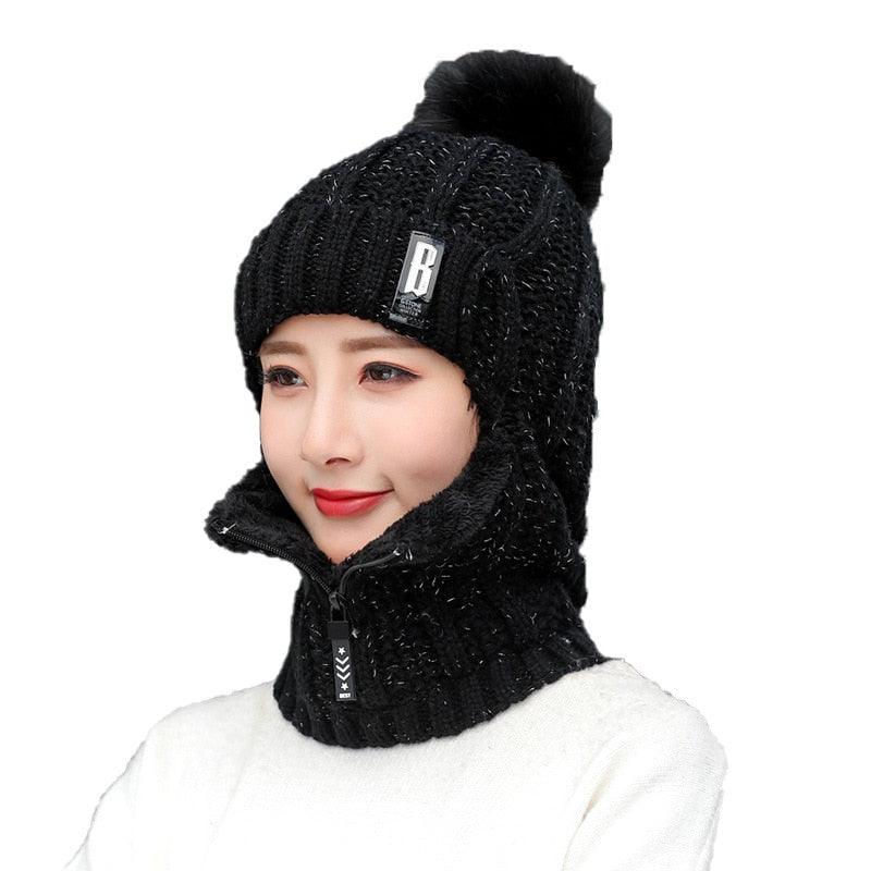 Coral Fleece Winter Women Knitted Hats Add Fur Warm Winter Hats For Women With Zipper Keep Face Warmer Balaclava Pompoms Cap Balaclava Gorgas Bonnet Knitted Hat Windproof Ski Mask Cold Weather Face Mask Motorcycle Balaclava Hood Warmer Winter Sports Cap Stevvex