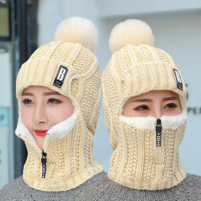 Coral Fleece Winter Women Knitted Hats Add Fur Warm Winter Hats For Women With Zipper Keep Face Warmer Balaclava Pompoms Cap Balaclava Gorgas Bonnet Knitted Hat Windproof Ski Mask Cold Weather Face Mask Motorcycle Balaclava Hood Warmer Winter Sports Cap Stevvex