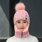 Coral Fleece Winter Women Knitted Hats Add Fur Warm Winter Hats For Women With Zipper Keep Face Warmer Balaclava Pompoms Cap Balaclava Gorgas Bonnet Knitted Hat Windproof Ski Mask Cold Weather Face Mask Motorcycle Balaclava Hood Warmer Winter Sports Cap Stevvex