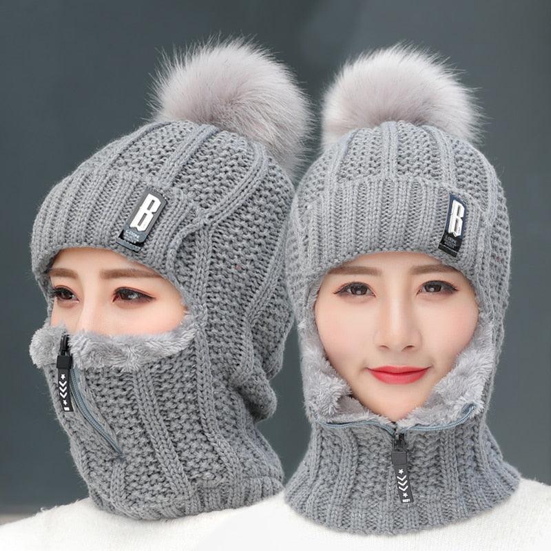 Coral Fleece Winter Women Knitted Hats Add Fur Warm Winter Hats For Women With Zipper Keep Face Warmer Balaclava Pompoms Cap Balaclava Gorgas Bonnet Knitted Hat Windproof Ski Mask Cold Weather Face Mask Motorcycle Balaclava Hood Warmer Winter Sports Cap Stevvex