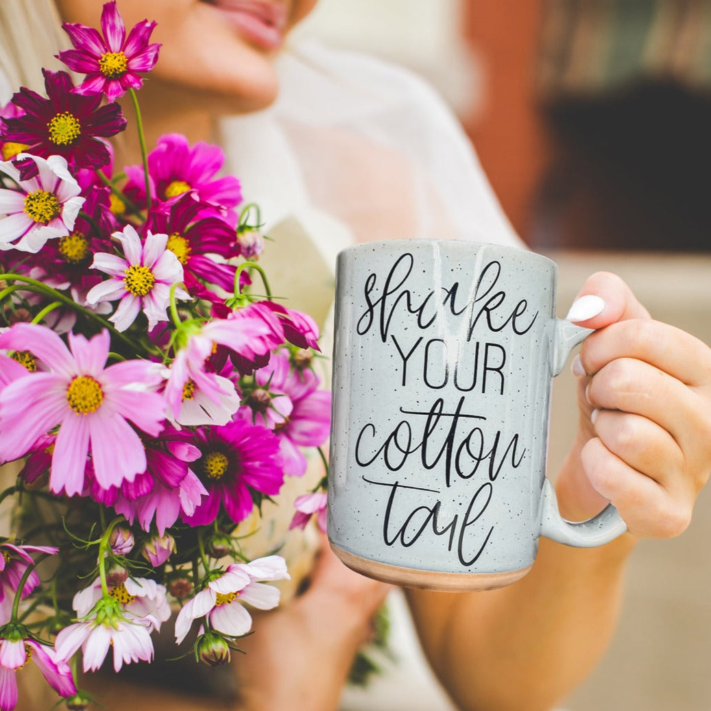 Shake Your Cotton Tail 16oz Ceramic Easter Coffee Mug Pastel Pink Blue BandsCo Straps