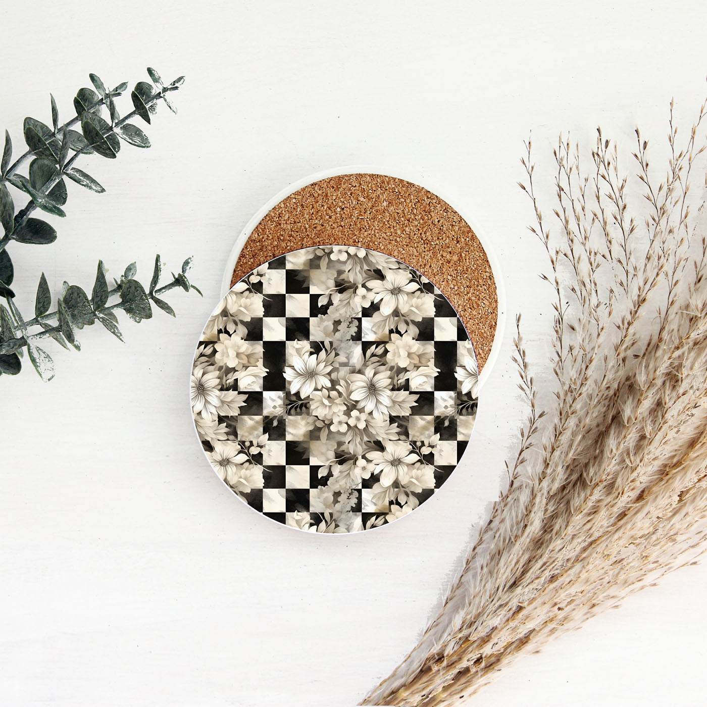 Spring Ceramic Coasters Set of 4 Courtly Check Designs Absorbent Drink Coasters for Table Protection BandsCo Straps