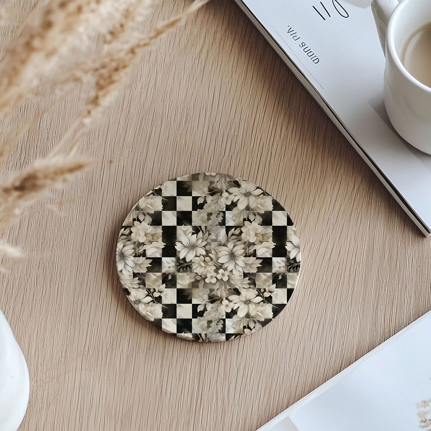 Spring Ceramic Coasters Set of 4 Courtly Check Designs Absorbent Drink Coasters for Table Protection BandsCo Straps