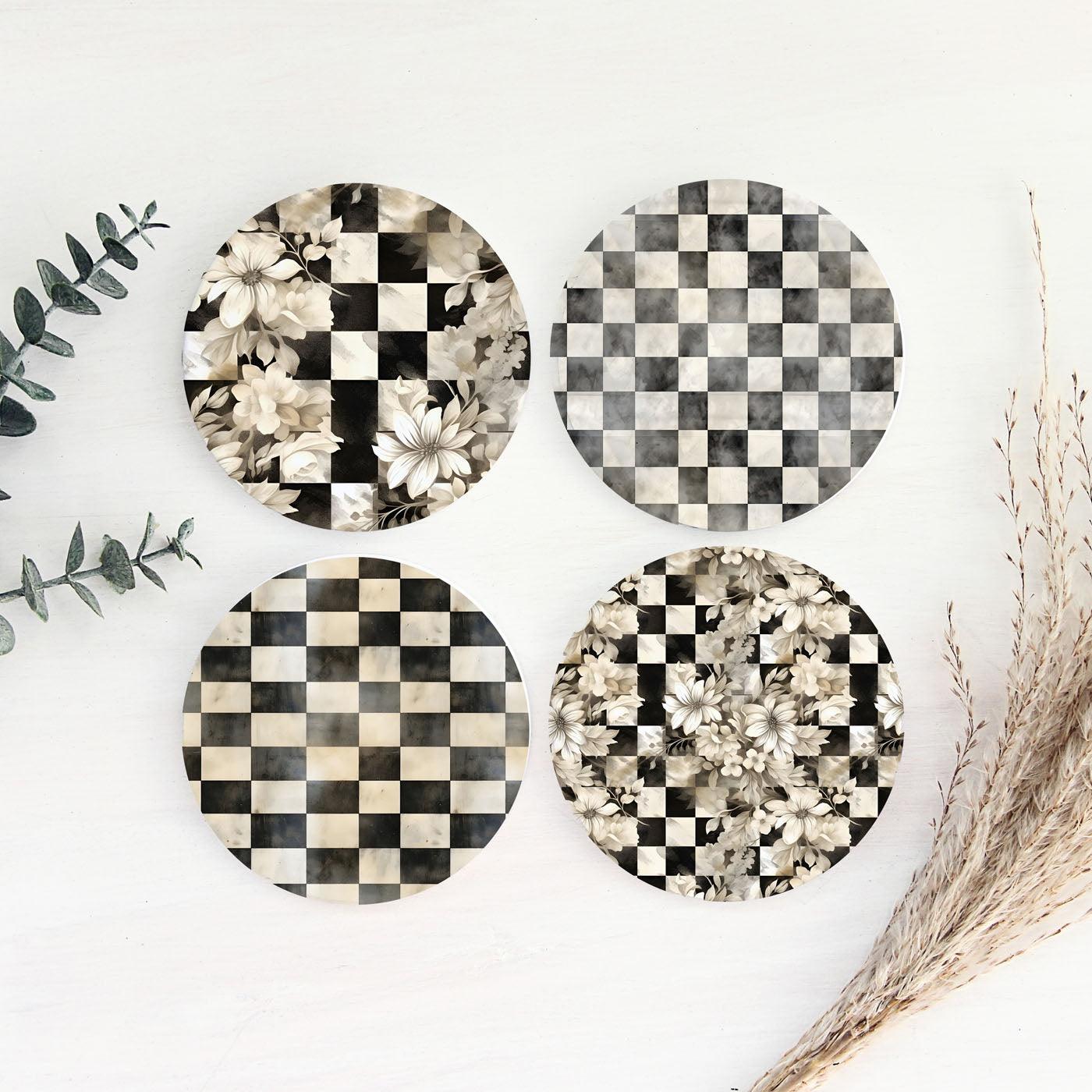 Spring Ceramic Coasters Set of 4 Courtly Check Designs Absorbent Drink Coasters for Table Protection BandsCo Straps