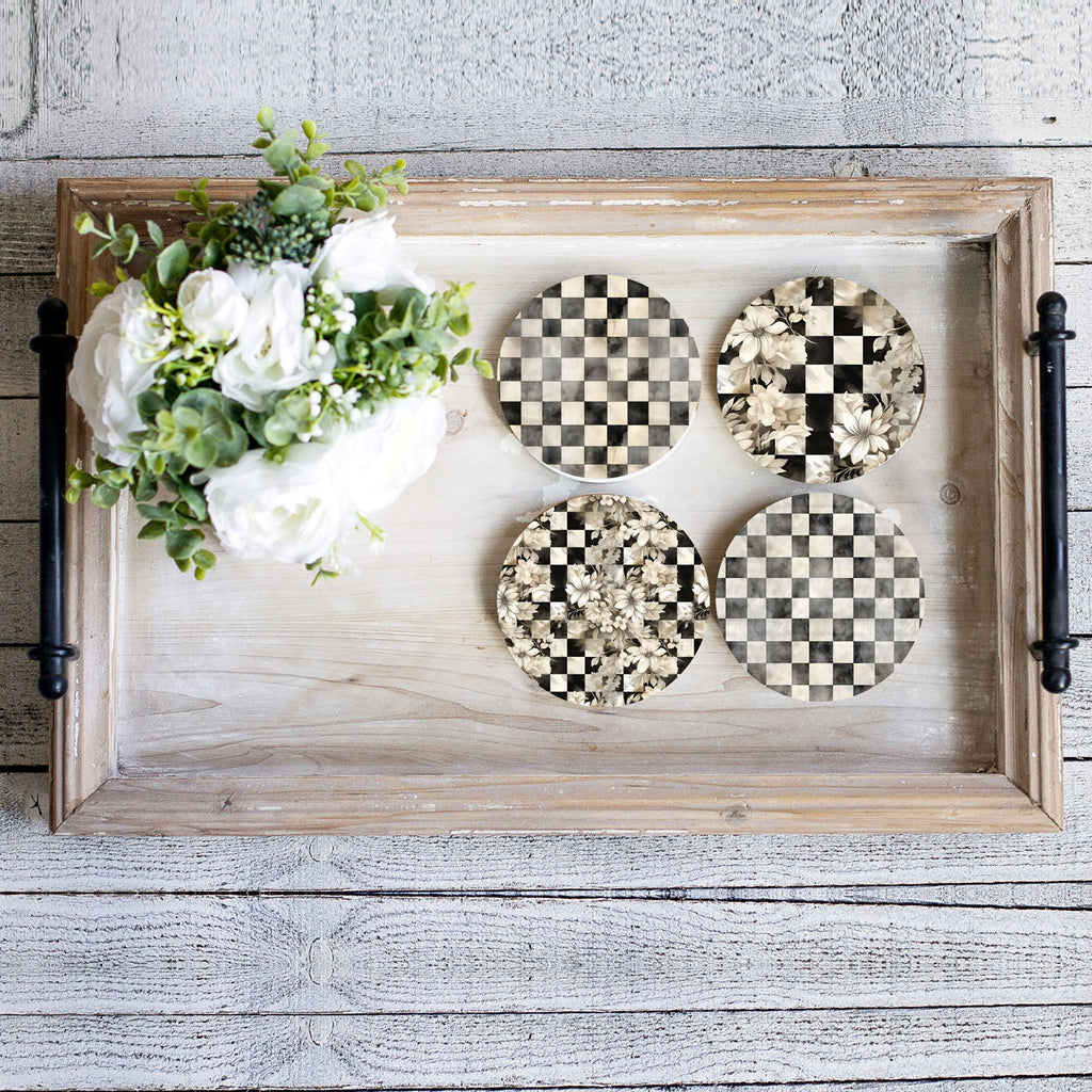 Spring Ceramic Coasters Set of 4 Courtly Check Designs Absorbent Drink Coasters for Table Protection BandsCo Straps