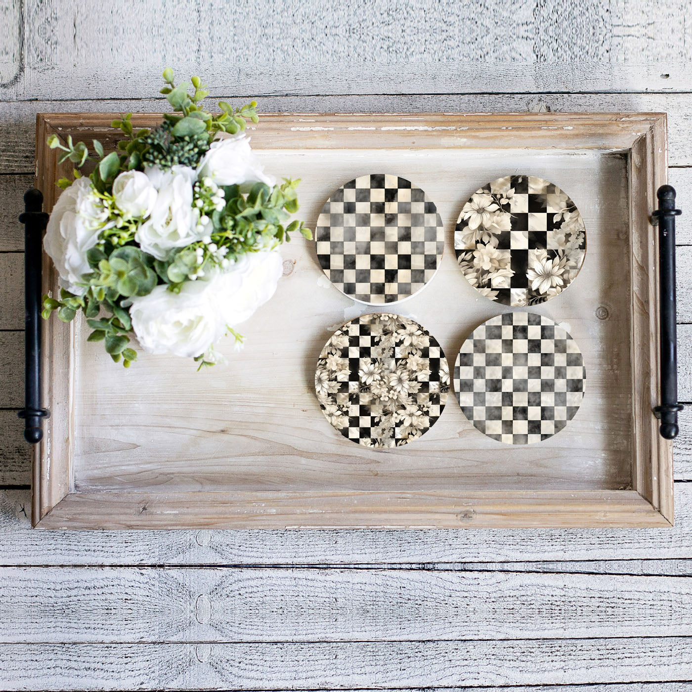 Spring Ceramic Coasters Set of 4 Courtly Check Designs Absorbent Drink Coasters for Table Protection BandsCo Straps