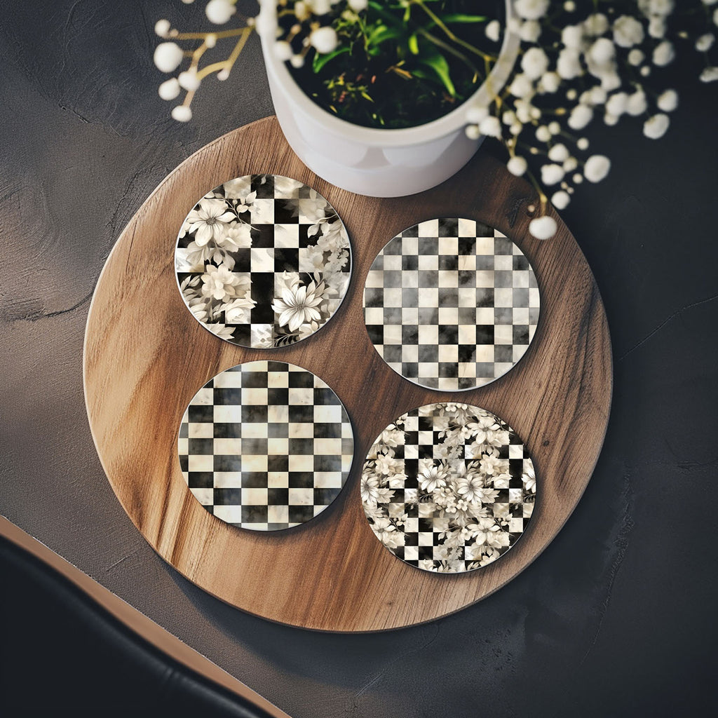 Spring Ceramic Coasters Set of 4 Courtly Check Designs Absorbent Drink Coasters for Table Protection BandsCo Straps