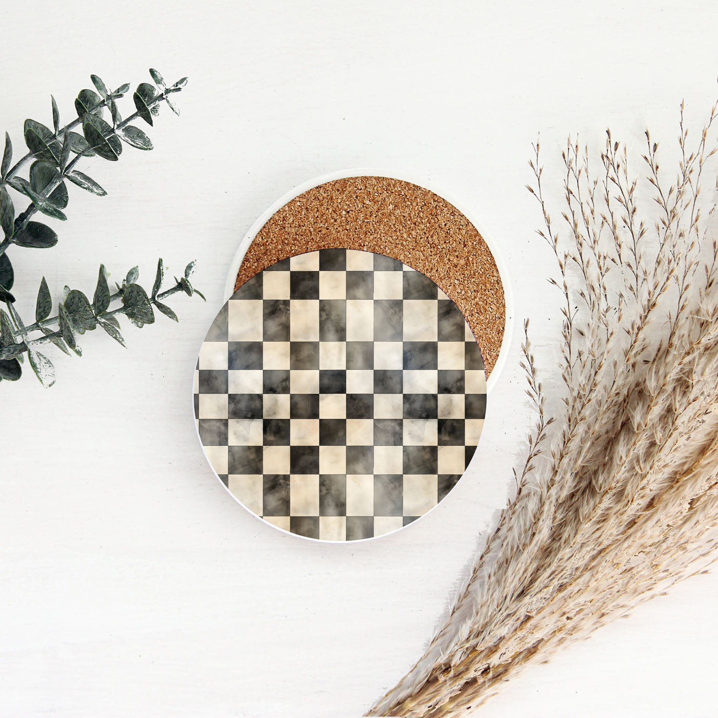 Spring Ceramic Coasters Set of 4 Courtly Check Designs Absorbent Drink Coasters for Table Protection BandsCo Straps