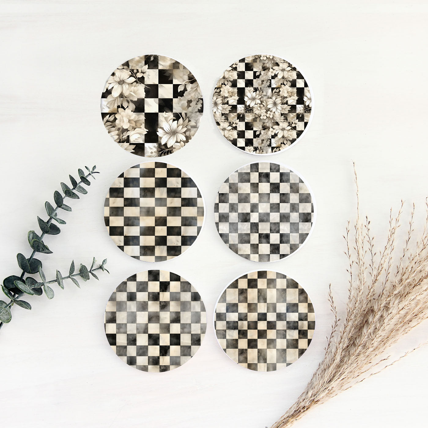 Spring Ceramic Coasters Set of 4 Courtly Check Designs Absorbent Drink Coasters for Table Protection BandsCo Straps
