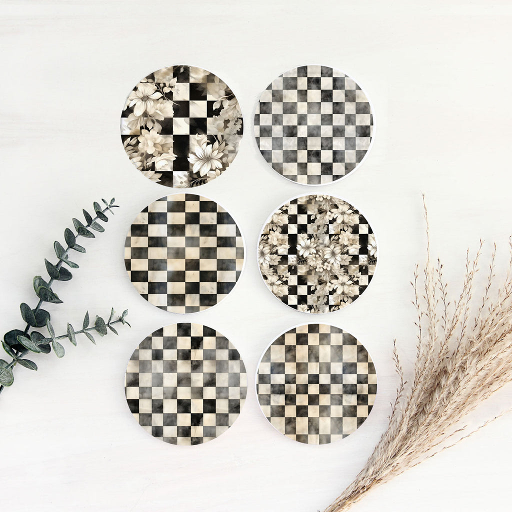 Spring Ceramic Coasters Set of 4 Courtly Check Designs Absorbent Drink Coasters for Table Protection BandsCo Straps