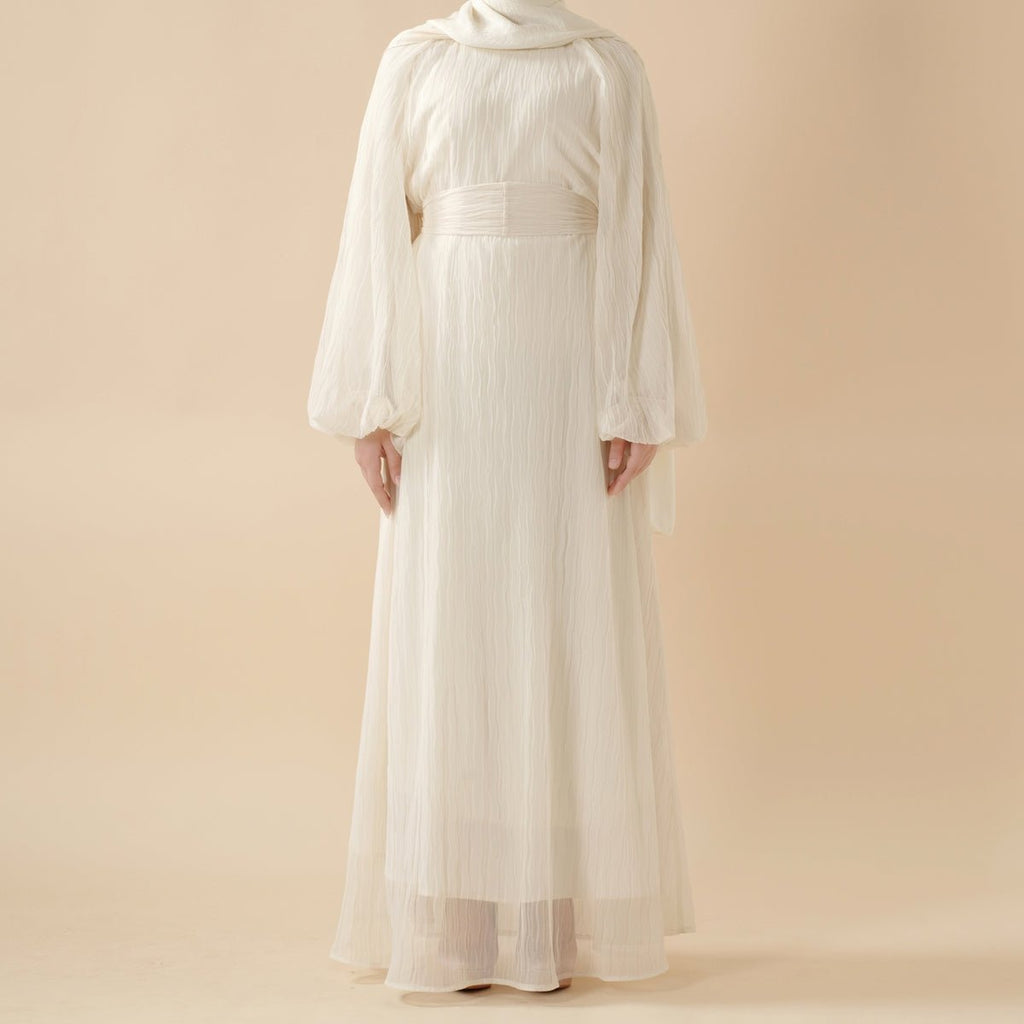 Cream White Puff Sleeves Abaya |  Pleat Textured Maxi Dress Abaya (MA152) Mariam's Collection