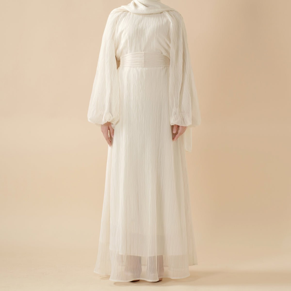 Cream White Puff Sleeves Abaya |  Pleat Textured Maxi Dress Abaya (MA152) Mariam's Collection